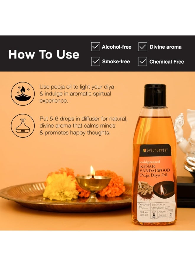 Soulflower Pooja Oil for Akhand Jyot, Hawan, Grah Pravesh & Hindu Rituals | Smokeless Deepam Oil with Saffron & Sandalwood | Spiritual Fragrance for Poojan & Decoration, 225ml - Image 4